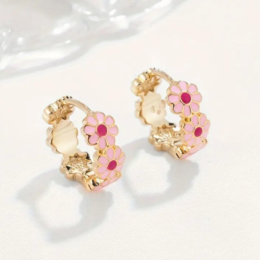 Small Pink Flower Enamel Hoop Earrings #1376